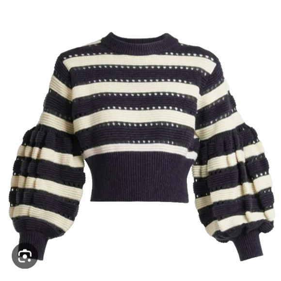 Self-Portrait Striped Balloon Sleeve Cropped Sweater Navy White Small Prep Twee - Picture 4 of 15